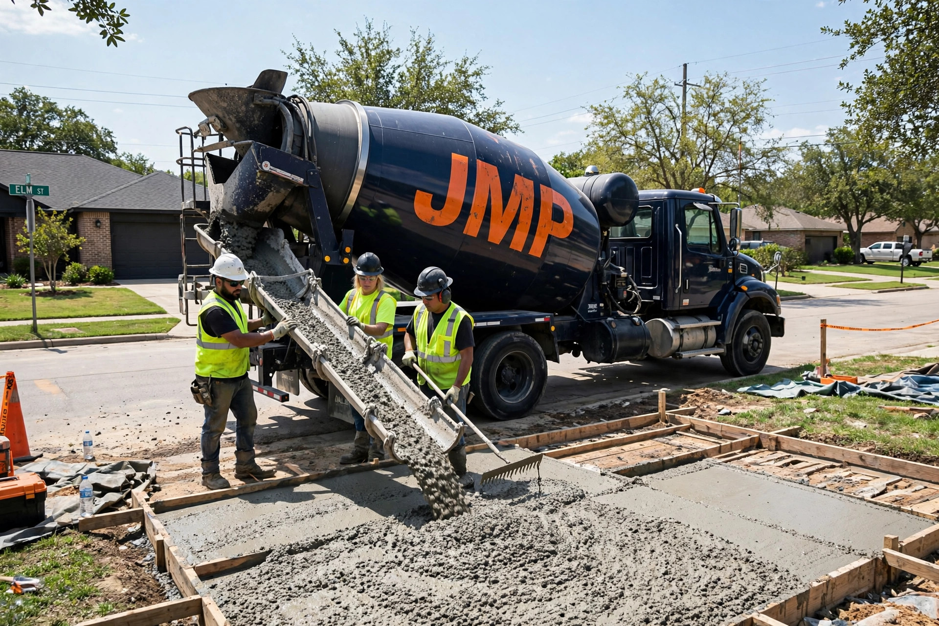 JMP mixer truck pouring concrete