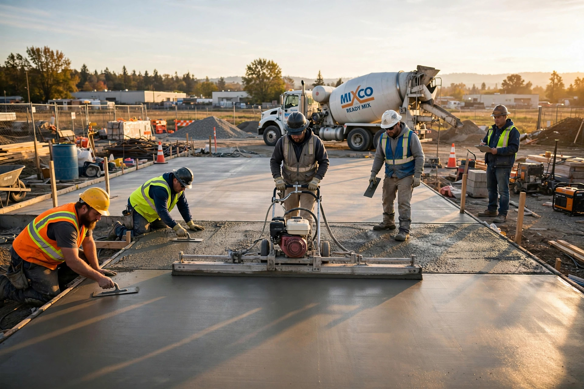 Crew finishing a concrete slab